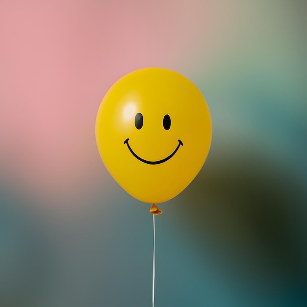 Yellow balloon with smiley face against pink to teal gradient