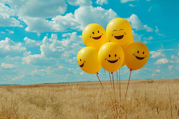 Yellow balloons with smiley faces in wheat field