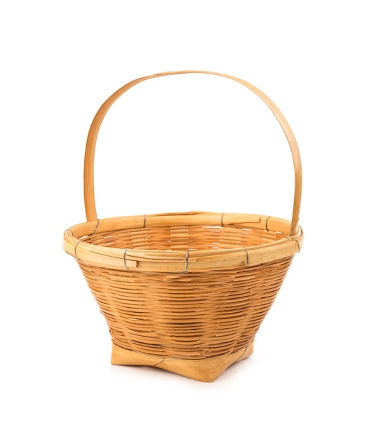 Yellow bamboo basket on white background. Handmade