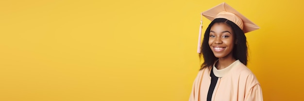 Yellow Banner with Beautiful black woman wearing a graduation cap Study education university college graduate concept Generative AI illustration