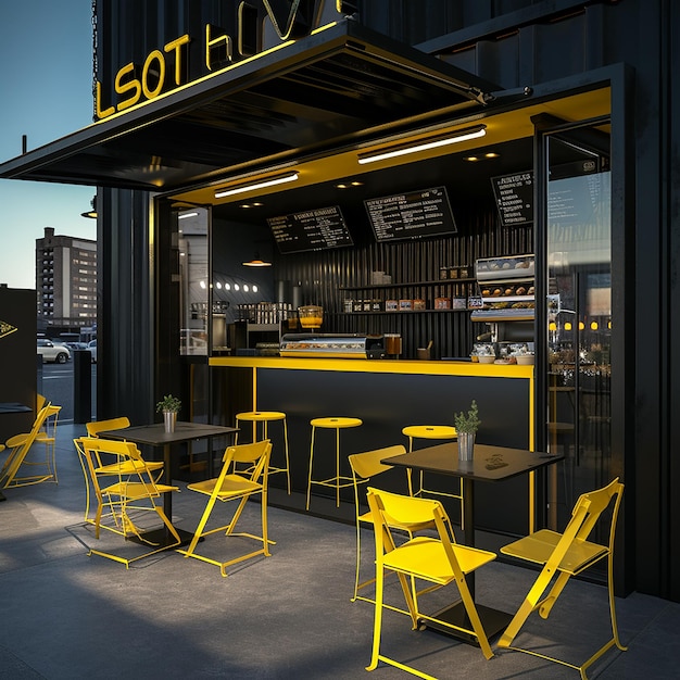 a yellow bar with chairs and tables and chairs