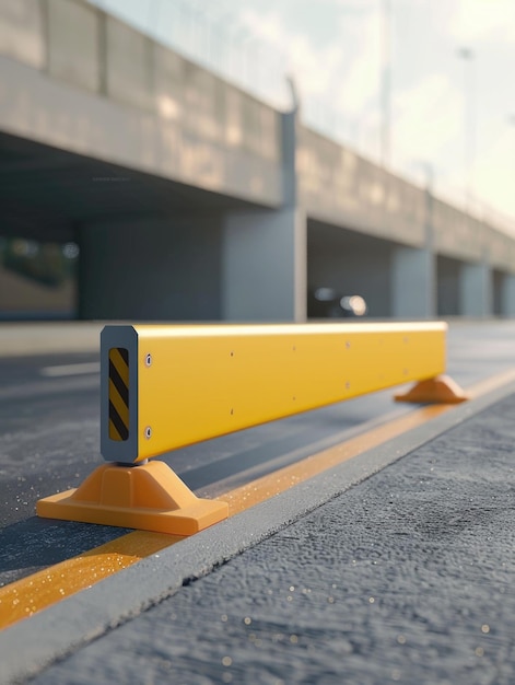 A yellow barrier is on the road next to a bridge