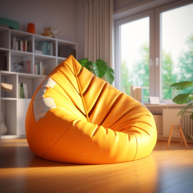 Photo a yellow bean bag sits on the floor in a room with a window behind it