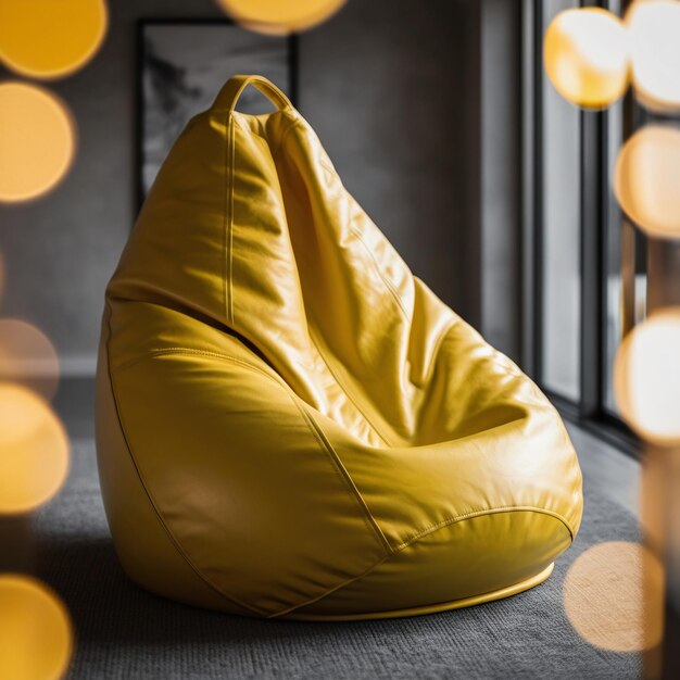 Photo a yellow bean bag with a black strap sits on a concrete floor