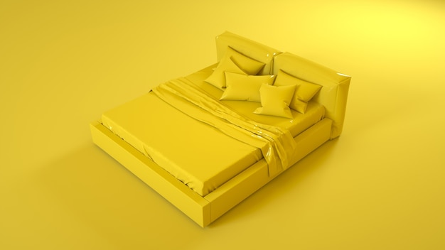 Yellow Bed isolated on yellow background. 3d illustration.