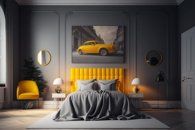 A yellow bed with a yellow headboard and a picture of a car on the wall.