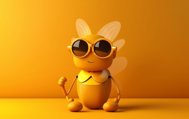 A yellow bee wearing sunglasses sits in front of a yellow background.