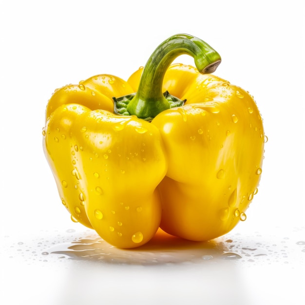 Yellow bell pepper with drops of water on it's surface on white background Generative AI