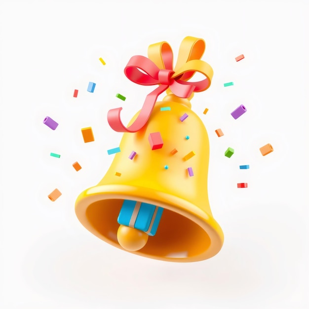 Yellow bell with a red bow and confetti on a white background