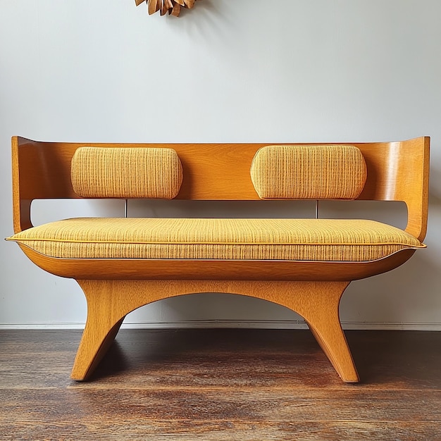 Photo a yellow bench with a clock on the wall behind it