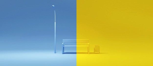 Yellow Bench with Street Lamp and bin on blue studio background