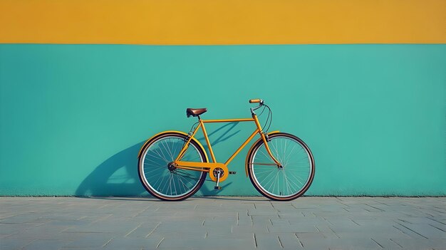 Photo yellow bicycle against teal and yellow wall realistic image