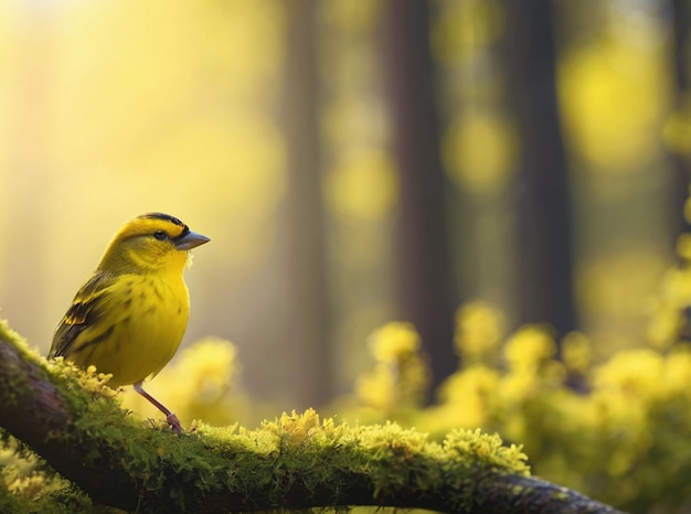 a yellow bird is sitting on a branch with the sun shining through the trees