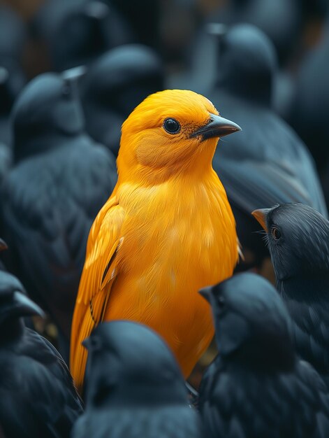 Photo a yellow bird sitting in a group of black birds