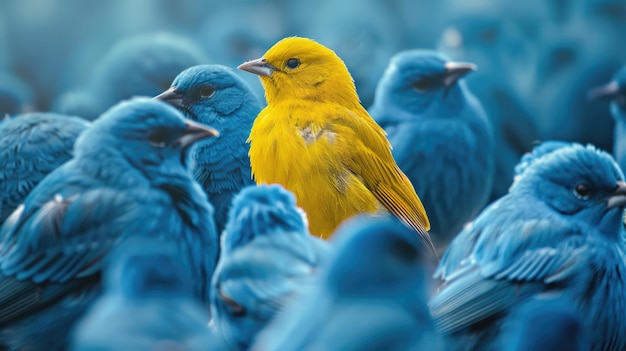 a yellow bird standing out in the middle of blue birds crowd of many blue birds all looking at him detailed photo high resolution photography