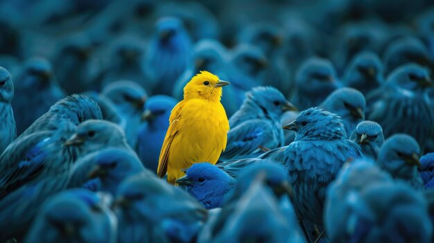 a yellow bird standing out in the middle of blue birds crowd of many blue birds all looking at him detailed photo high resolution photography