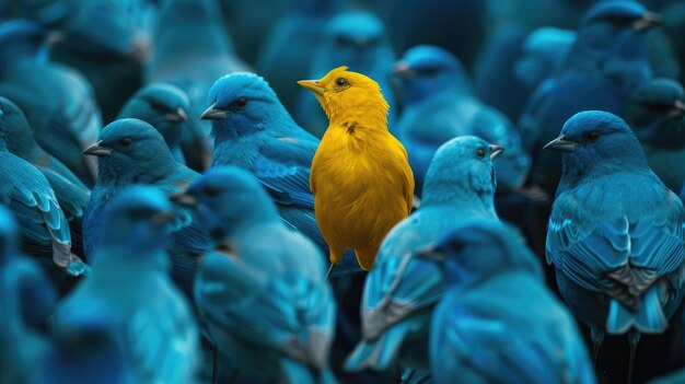 a yellow bird standing out in the middle of blue birds crowd of many blue birds all looking at him detailed photo high resolution photography