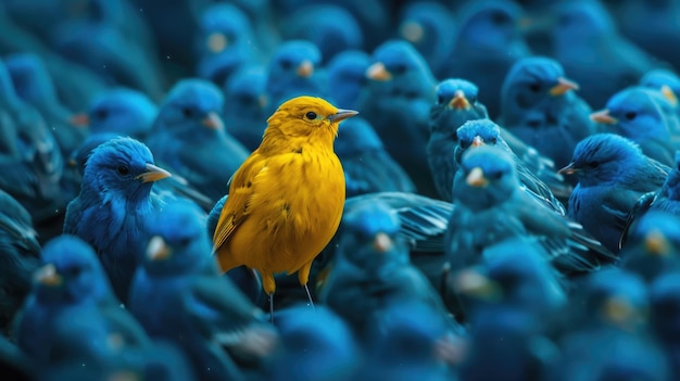 a yellow bird standing out in the middle of blue birds crowd of many blue birds all looking at him detailed photo high resolution photography