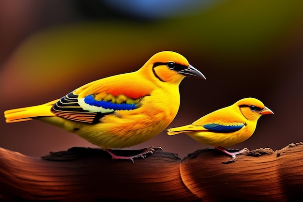 A yellow bird with blue wings sits on a wooden pole.