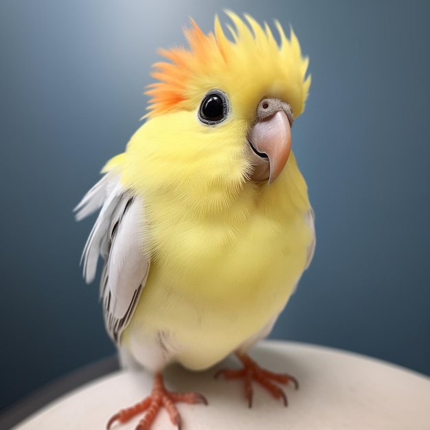 A yellow bird with a feather on its head is sitting on a table.