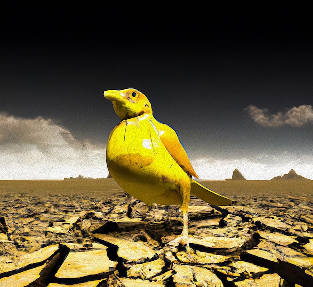 A yellow bird with a white spot on its neck stands in a cracked ground