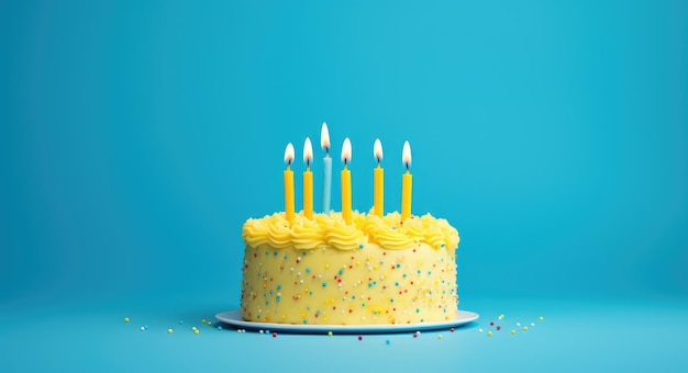 Yellow Birthday Celebration Cake with Blue Background and Frosted Candles for Happy 7th Birthday