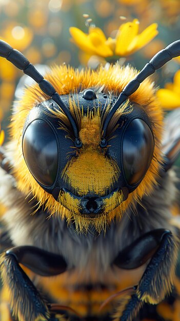 a yellow and black bee with a yellow face and a black eye