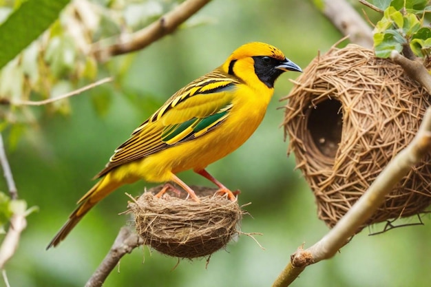 a yellow and black bird is perched on a branch with its beak open