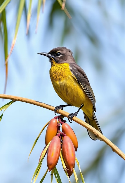 Photo a yellow and black bird is perched on a branch with some fruits