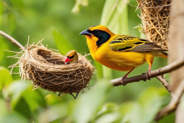 a yellow and black bird with a red beak is sitting in a nest