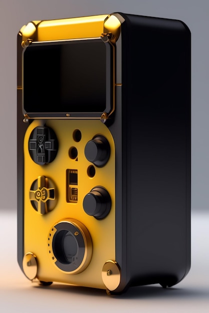 A yellow and black device with a black controller that says'g'on it