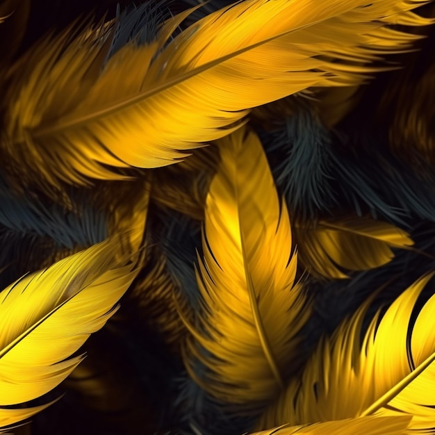 Yellow and black feathers are scattered together on a black background generative ai