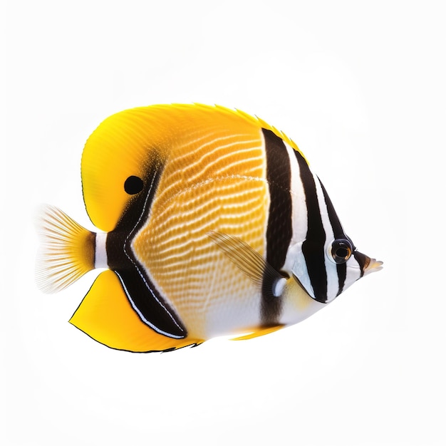 A yellow and black fish with a white background