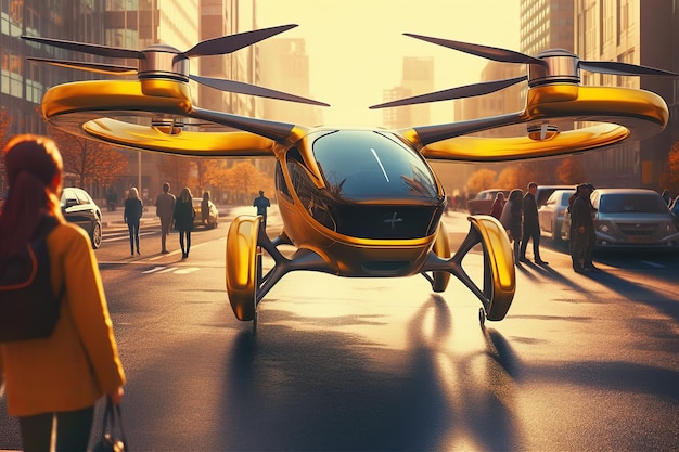 A yellow and black flying car Air taxi