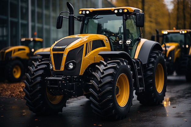 A yellow black machines parked peacefully in a parking construction image