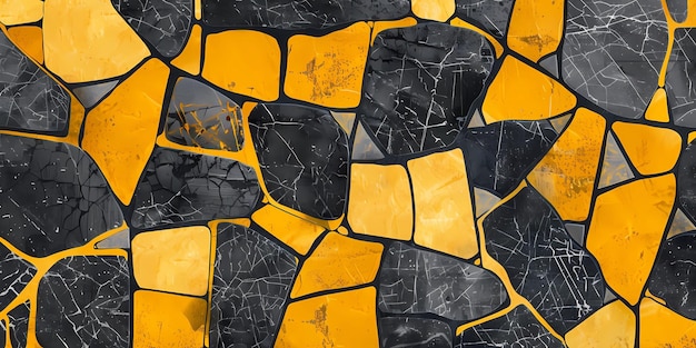 a yellow and black mosaic of gold and black stones