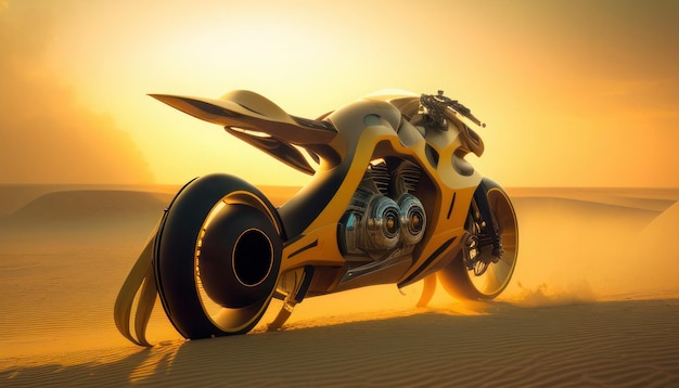 A yellow and black motorcycle in the desert.