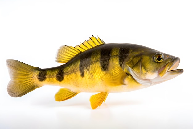 A yellow and black perch is on a white background.