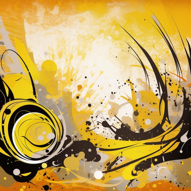 A yellow and black poster with a yellow background and black and white swirls.