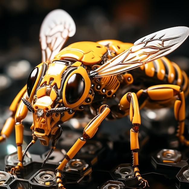 Photo a yellow and black robot with a silver wing and wings