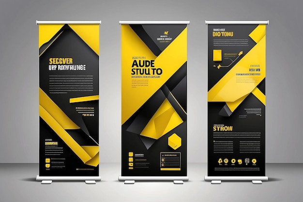 Photo yellow black roll up banner stand brochure flyer vertical template design covers infographics