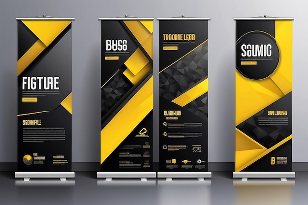 Photo yellow black roll up banner stand brochure flyer vertical template design covers infographics