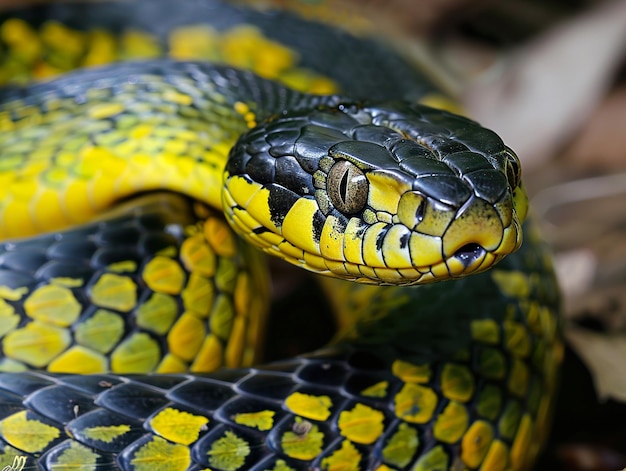 a yellow and black snake with yellow stripes and a yellow stripe