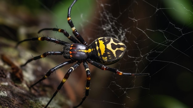 A yellow and black spider sits in its web.