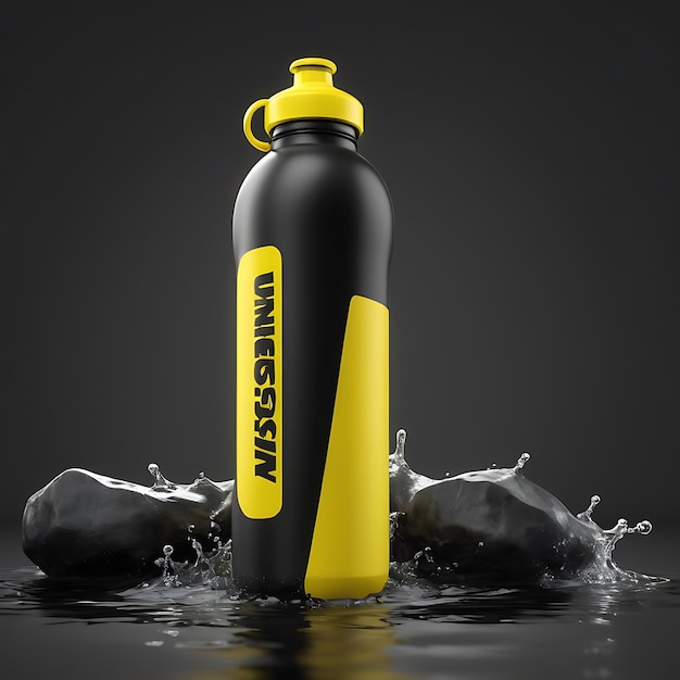 Yellow And Black Sport Water Bottle Mockup 3D Rendering generative ai