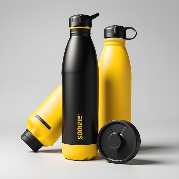 Yellow And Black Sport Water Bottle Mockup 3D Rendering