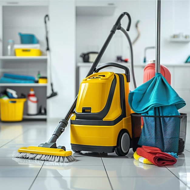 a yellow and black vacuum sits on the floor next to a yellow and blue vacuum cleaner