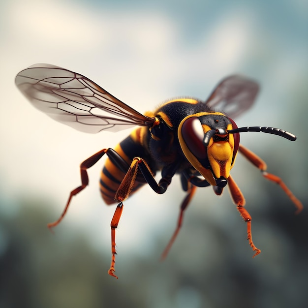 A yellow and black wasp with a black eye and orange markings on its face.