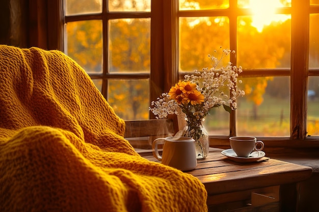 Photo a yellow blanket sitting on top of a wooden table next to a window