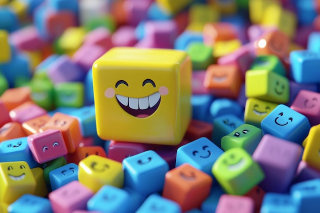 a yellow block with a smiley face is surrounded by colorful cubes